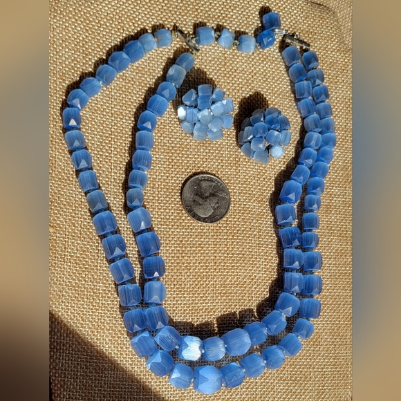 Vintage Vogue Czech Blue Atlas Glass 2 Strand Necklace Earring Set 1930s Rare - Picture 2 of 9